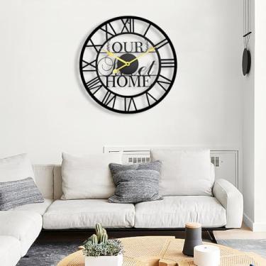 Imagem de SUKYING Relógio externo grande de 40,6 cm, relógio de parede moderno silencioso operado por bateria, relógio decorativo romano de metal preto para pátio, varanda, área de piscina, fazenda, sala de