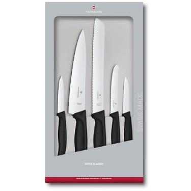 Imagem de Victorinox Conjunto de facas de cozinha clássico suíço, 5 peças – facas para descascar, faca utilitária, faca de entalhar e faca de pão – preta