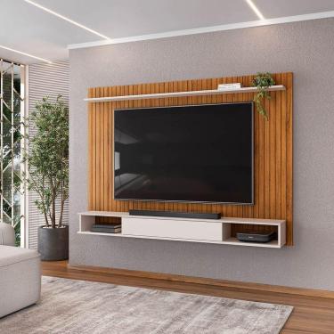 Imagem de Painel Ripado Para Tv 70 Polegadas Com Prateleira E Nichos Rio Freijó/off White - Dj Móveis