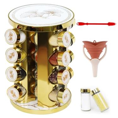 Imagem de Suporte giratório de tempero de aço inoxidável para bancada de cozinha 360, aparência de padrão de folha de damasco, equipado com 16 latas de vidro de grau alimentício (ouro + branco, 16 latas de