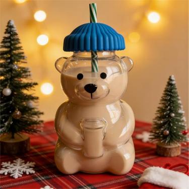 Imagem de Child interest Copo de palha de urso azul 2026, copo de vidro de urso fofo de 590 ml com canudo reutilizável - design de animal viral para vitaminas, boba e café gelado