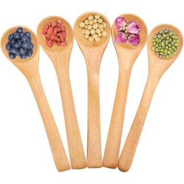 Imagem de Conjunto de 5 colheres de madeira pequenas para mexer café, mistura de chá e colher de especiarias, utensílios de cozinha práticos para uso diário, aderência confortável, superfície lisa amarela 14 cm