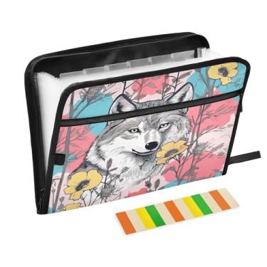 Imagem de Wassud Gray Wolf Organizador de arquivos sanfonado com 13 bolsos com abas e adesivos, organizador de pastas de documentos de recibo de papel tamanho carta A4 para viagens de escritório