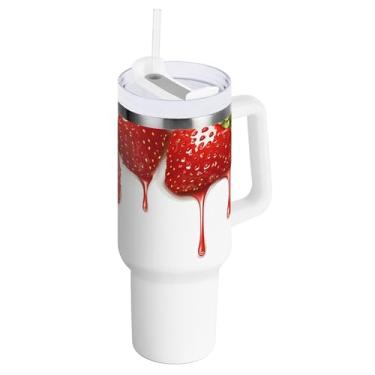 Imagem de Burbuja Copos isolados de geléia de morango pingando 1,134 g com alça e tampa de palha, caneca de viagem de aço inoxidável de parede dupla à prova de vazamento, livre de BPA, presente para mamãe e