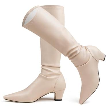 Imagem de MISSMILLER Botas femininas Gogo até o joelho, bico fino, salto grosso, moderno, botas sociais, Damasco, 38