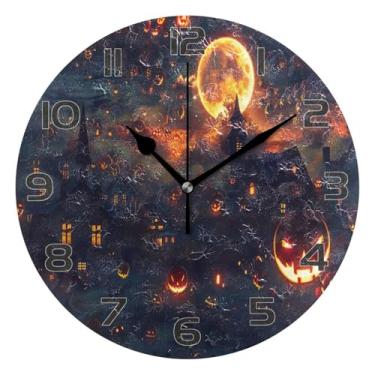 Imagem de YETTASBIN Relógio de parede noturno Sacry de Halloween, silencioso, sem tique-taque, operado por bateria, relógio redondo decorativo criativo para cozinha, sala de estar, banheiro, decoração de