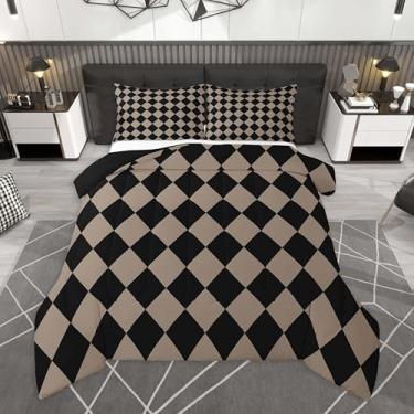 Imagem de Feelyou Conjunto de edredom xadrez de diamante para todas as estações, conjunto de cama com 2 fronhas, clássico, de microfibra marrom xadrez, para decoração de quarto, edredom infantil, respirável