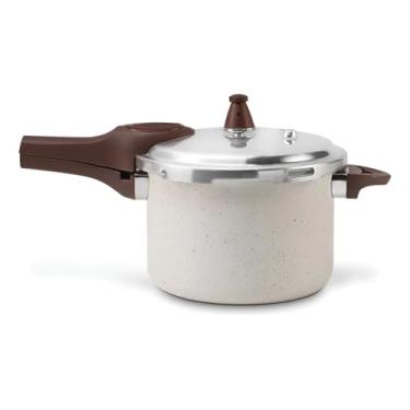 Imagem de Panela de pressão com revestimento cerâmico, adequada para fogões de indução.