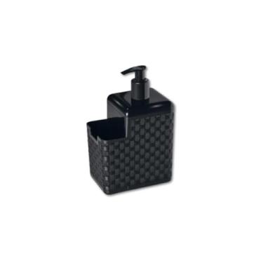 Imagem de Dispenser 2 em 1 para Detergente e Porta Esponja, Plástico, Preto, Modelo Rattan, 600ml, 13x11x7.5cm