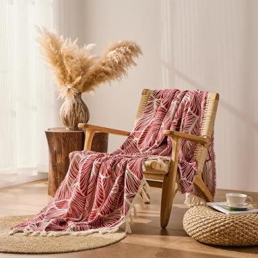 Imagem de DOWN HOME Cobertor Boho para sofá, cobertor leve de algodão chenille para cama, sofá, cadeira, sala de estar, ao ar livre, macio, aconchegante, decoração de casa, com borla, presente, folhas vermelhas