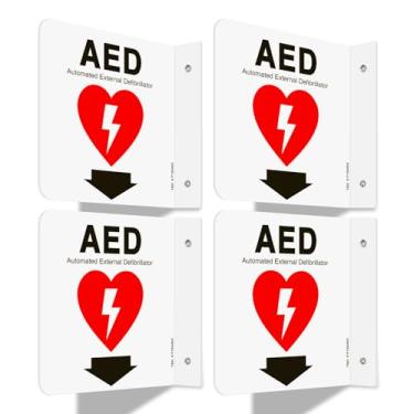 Imagem de T&R Sinal de DEA, desfibrilador externo automatizado com seta para baixo - pacote com 4 - acrílico de 15 x 15 cm, 2 furos pré-perfurados, inclui parafusos correspondentes, uso para escritório/negócios