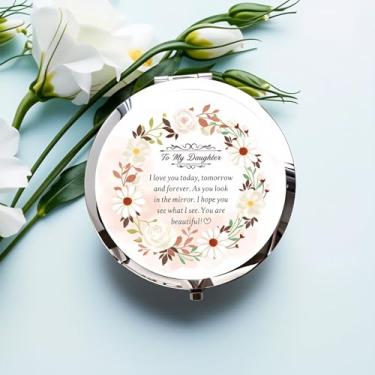Imagem de Espelho compacto prateado, espelho de maquiagem dobrável dupla face de 7 x 7 cm com design floral To My Daughter, presente ideal para mulheres