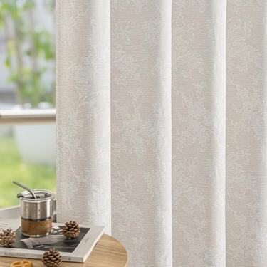 Imagem de FMFUNCTEX Cortinas blackout jacquard floral bege 153 cm de comprimento para quarto, cortinas de chenille para casa de fazenda com flores roláveis para escurecimento da sala de estar, cortinas de