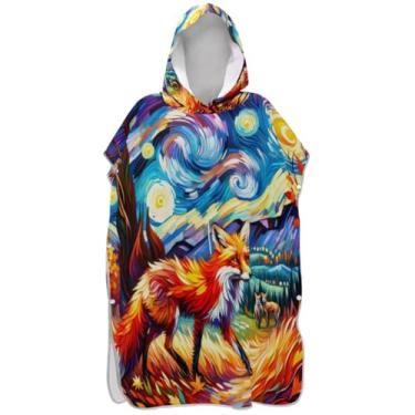 Imagem de Joisal Poncho de surfe plus size para adultos trocador com capuz toalha de natação bonito outono raposa noite estrelada masculino poncho com capuz