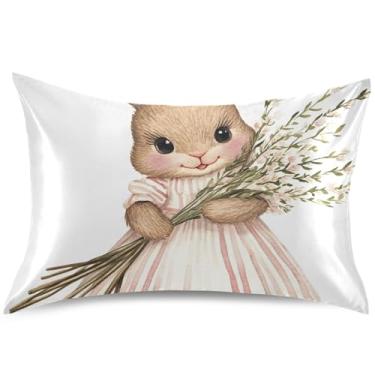 Imagem de Capas de almofada de cetim com estampa de flores de coelhinho para travesseiro padrão Queen King Almofadas decorativas para cama presentes de vida saudável, tamanho Queen, 76 cm x 50 cm