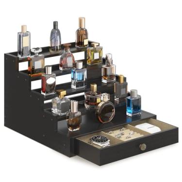 Imagem de EsLuker.ly Organizador de perfume com suporte de colônia para homens, prateleira de exibição de colônia de madeira para cômoda de quarto, prateleira de armazenamento de grande capacidade de 5 níveis