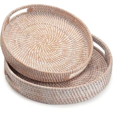 Imagem de Bandeja redonda de vime, bandeja de servir tecida à mão com alças, cesta de servir de vime, bandeja decorativa para decoração de casa, cal branca (11,7 + 35,5 cm)