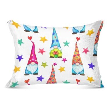 Imagem de Fronhas de flanela branca com zíper e estrelas coloridas Gnomos Queen King Size fronha fofa para cama, tamanho king, 50,8 cm x 101,6 cm
