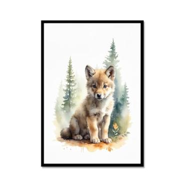 Imagem de Arte de parede de berçário botânico fofo safári floresta nebulosa urso coelho raposa lobo guaxinim cervo girafa zebra tigre aquarela decoração de quarto infantil (SKU4,16x60 cm), moldura de metal