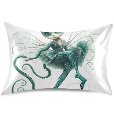 Imagem de Capas de travesseiro fashion de cetim de fada vestido de gato para almofadas refrescantes de cabelo capas de travesseiro padrão Queen King arte colorida capa de travesseiro sonolento, tamanho Queen