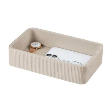 Imagem de Cretkhp Organizador de manobrista de couro PU, bandeja de armazenamento moderna para mesa de cabeceira, organizador de perfume decorativo para penteadeira, banheiro, quarto (bege, retangular)