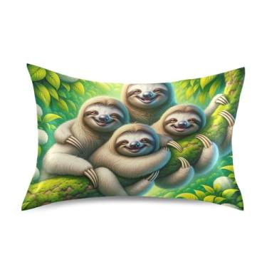 Imagem de Fronhas de cetim lindas estampas de arte refrescantes King Queen capas de travesseiro macias para cama queen size 76 cm x 50 cm linda floresta verde preguiça