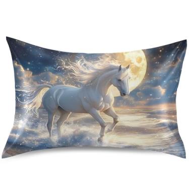 Imagem de Capa de almofada de cetim com cavalo branco, mar, lua, estampa, refrescante, capa padrão, Queen Size, 76 cm x 50 cm
