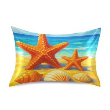 Imagem de Aquarela Estrela-do-mar Praia Mar Azul Cetim Fronhas Engraçadas Personalizadas Rei Queen Padrão Fronha Confortável Macio Tamanho Padrão 66 cm x 50 cm