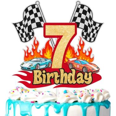 Imagem de Topo de bolo de carro de corrida infantil tema de corrida feliz aniversário bandeira quadriculada decoração de estrada meninos e meninas piloto festa de aniversário carro temático roda de festa, drive