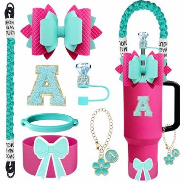 Imagem de RNFVJH Conjunto de acessórios de 7 peças azul-petróleo com adesivos de letras para Stanley Quencher H2.0 1,134 g e copos de 850 g, topo de palha, bota de copo de silicone, alça de alça, pingente de