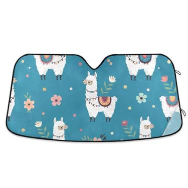 Imagem de Guarda-sol azul de lhamas bonitos personalizados para para-brisa de carro Engraçado dobrável universal automotivo para-brisas guarda-sol animal floral S, 134,6 cm x 59,7 cm
