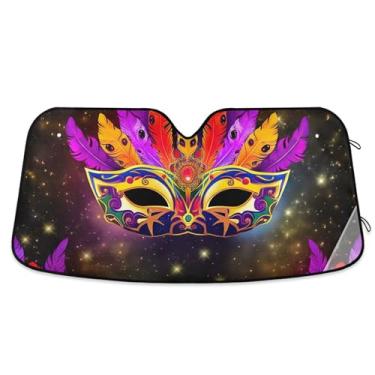 Imagem de Máscara de carnaval personalizada penas vibrantes para-brisa de carro para-sol bonito dobrável universal acessórios de carro persianas para-brisa frontal S, 134,6 cm x 59,7 cm