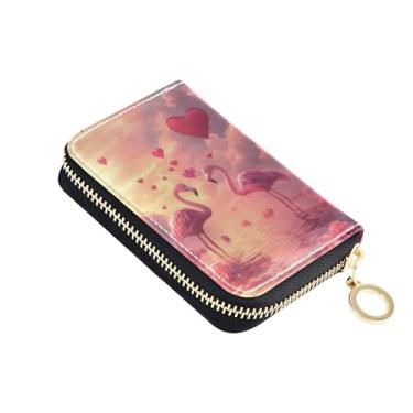 Imagem de Carteira de couro feminina porta-cartão de crédito com bloqueio de RFID, zíper em torno de porta-moedas com chaveiro, pássaros, amor, dia dos namorados, rosa