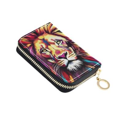 Imagem de Carteira feminina de couro com bloqueio de RFID, lindo zíper ao redor do zíper, carteira de viagem com chaveiro, arte colorida de leão preto