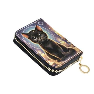 Imagem de Carteira feminina de gato preto leve com zíper e bloqueio de RFID, linda bolsa de moedas floral com zíper