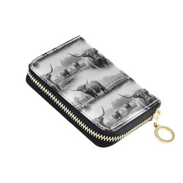 Imagem de Carteira feminina Highland Cows preta e branca pequena com porta-cartões com bloqueio de RFID minimalista com zíper e bolsa para moedas