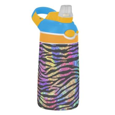 Imagem de Garrafa de água com estampa de zebra Rainbow Glitter para crianças 473 ml Tritan garrafa de água de plástico reutilizável com tampa de canudo 473 ml copo infantil portátil à prova de vazamento, alça