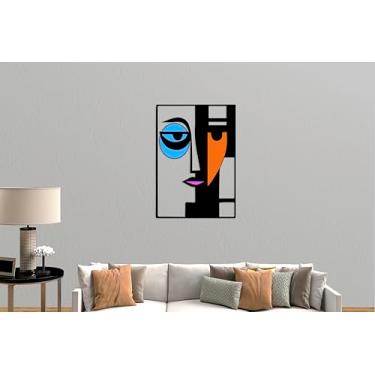 Imagem de Arte de parede de metal – Escultura de rosto moderna abstrata multicolorida inspirada em Picasso – Decoração de parede minimalista para sala de estar, quarto ou escritório – Arte artesanal
