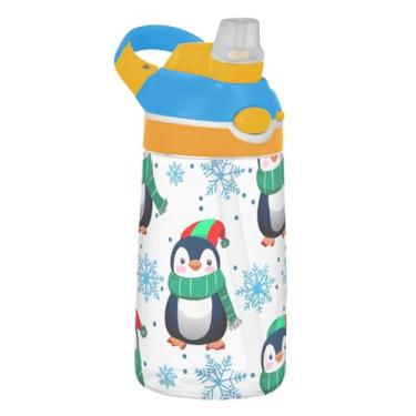 Imagem de Garrafa de água infantil Tritan Sports de 473 ml com tampa de palha, garrafa de água à prova de vazamento de 473 ml, copo infantil portátil reutilizável, alça de transporte, pinguins fofos flocos de