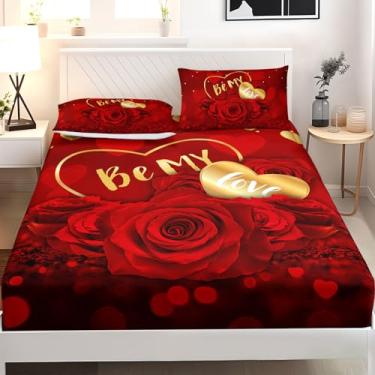 Imagem de AILONEN Jogo de lençol de cama floral rosa vermelha para decoração de quarto, tamanho solteiro GG, coração romântico para todas as estações, conjunto de lençol com elástico rústico retrô ouro vermelho
