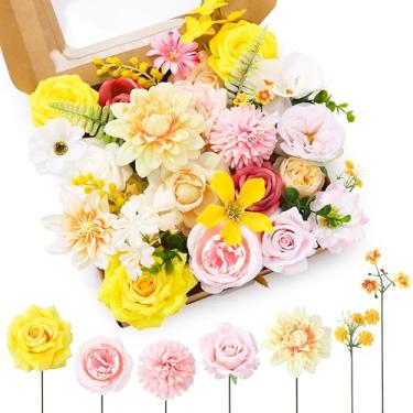 Imagem de Jspupifip Conjunto de flores artificiais rosa, branco e amarelo, rosas de seda falsas com hastes, arranjo de hortênsia e peônia para chá de panela, boho, faça você mesmo, bolo de casamento, flores