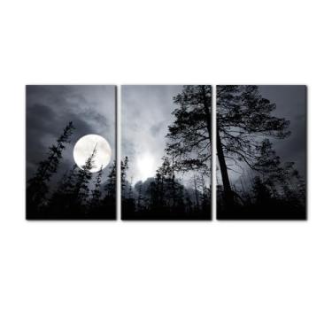 Imagem de Pacimo 3 peças de decoração de parede emoldurada floresta escura pintura de paisagem impressa em tela lua cheia arte moderna para decoração de escritório em casa galeria embrulhada pronta para