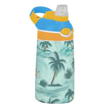 Imagem de Garrafa de água infantil Tritan de 473 ml com tampa de palha, garrafa de água esportiva reutilizável para escola, à prova de vazamento, copo infantil de 473 ml, alça de transporte, tropical Island
