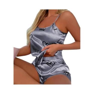 Imagem de Conjunto De Pijama Feminino Em Seda Gelada Com Camisola E Shorts L XL 