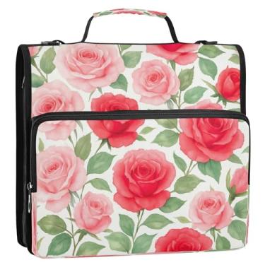 Imagem de Bolsa organizadora de fichário com zíper em aquarela rosas e folhas verdes, 3 anéis de 3 anéis com alça de ombro, pasta de documentos com vários bolsos para escola, escritório, viagens
