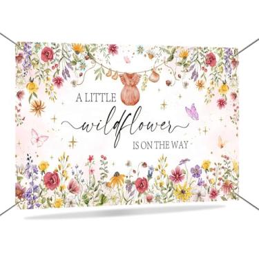 Imagem de Mocsicka Banner de fundo de chá de bebê flores silvestres primavera meninas floral um pouco flores silvestres está a caminho decorações rosa ouro menina chá de bebê decoração adereços cabine foto 70,8