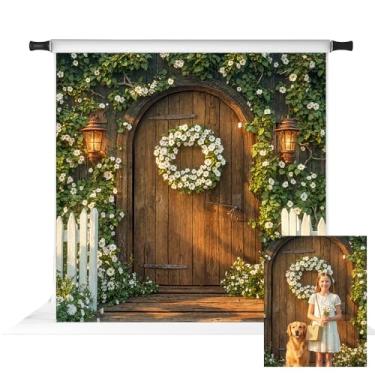 Imagem de Kate Pano de fundo de jardim de primavera para fotografia, porta de madeira, flores brancas, decoração de fundo, adereços de foto 2,4 x 2,4 m