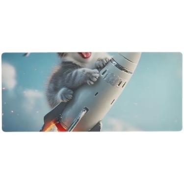 Imagem de Tapete de mouse para jogos Scared Cat Rocket Blue antiderrapante, mouse pad com teclado, mousepad grande, 80 x 30 cm