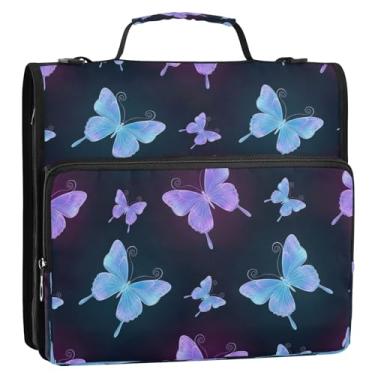 Imagem de Bolsa organizadora de fichário com zíper preto borboletas roxas e azuis coloridas com alça de ombro, 3 anéis de 3 anéis D de 3,8 cm, suporte para pasta de portfólio para escola ou escritório