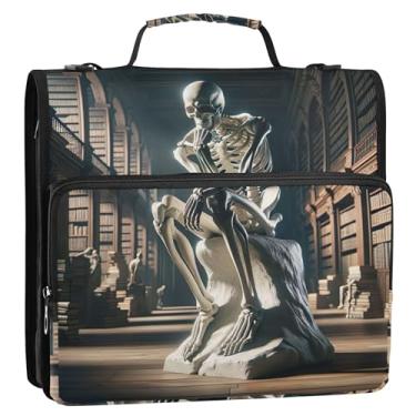 Imagem de Organizador de fichário de tecido com zíper de 3 cm para fichários de 3 anéis de esqueleto de pensamento pesado, estojo de armazenamento de arte escura com alça para fichários escolares com alça de